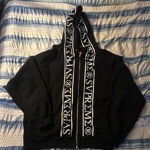Supreme Black Zip-Up Hoodie with Logo Accents